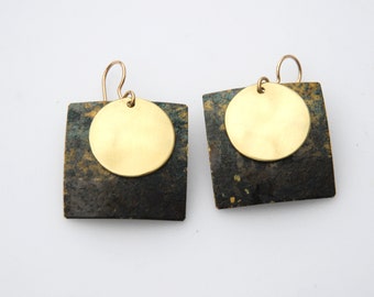 Beach sun earrings - patinaed and polished brass