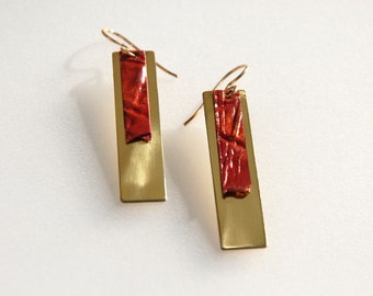 Patinaed brass and copper earrings - Creaseformed red tall rectangles on polished brass back