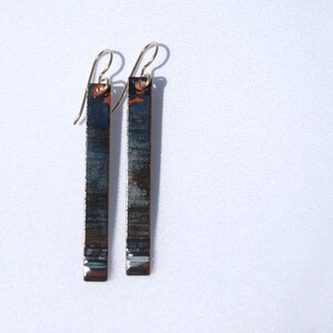 Sliver of Midnight - long, narrow foldformed and patinaed copper earrings