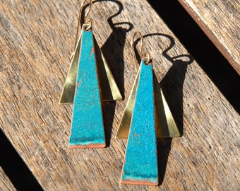 Patinaed earrings - long turquoise patinaed triangles with short wide brass backing