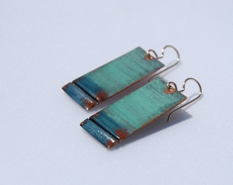 Shoalwater - foldformed and patinaed blue-green and blue copper earrings