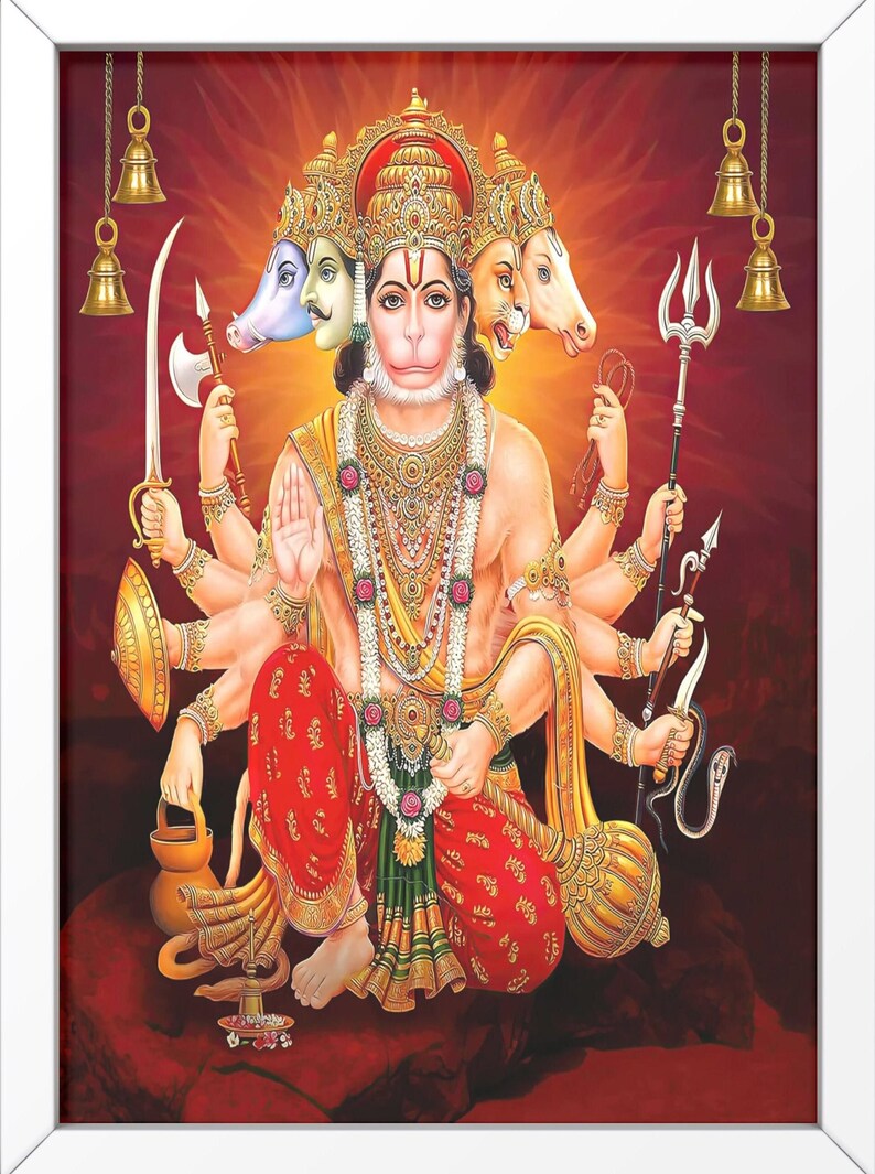 Cadre Vintage Lithographie Hanuman Panchmukhi - Impression Raja Vaibhav Press Inde ~1930 - 15x11 Pouces