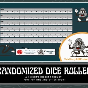 May include: A green and gray digital dice roller with a cartoon rock character. The dice roller has buttons for D20, D12, D10, D8, D6, and D4. The text "RANDOMIZED DICE ROLLER" and "A KNIGHT'S DIGEST PRODUCT" is displayed on the bottom of the image.