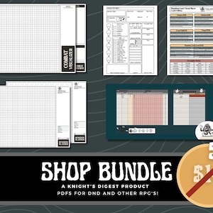 Może przedstawiać: Pakiet sklepowy z drukowalnymi plikami PDF do Dungeons and Dragons i innych gier fabularnych. Pakiet zawiera wizualizator walki, planista lochów, tabelę losowych łupów i karty postaci. Cena wynosi 12 €.