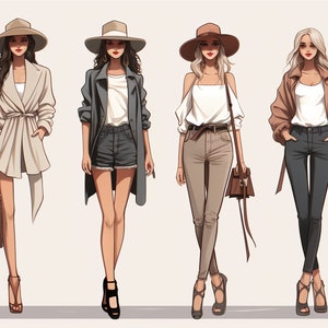 Puede incluir: Cuatro mujeres con diferentes atuendos y sombreros. Las mujeres visten una variedad de estilos, incluyendo una chaqueta beige, una chaqueta gris, un top blanco de hombros descubiertos y una chaqueta marrón. Todas llevan jeans o pantalones cortos y tacones.