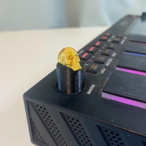 Peut inclure: Un bouton en forme de crâne doré est placé sur un bouton noir, qui est étiqueté "MASTER" et fait partie d'un appareil de production musicale noir.