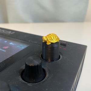 May include: A gold-colored turtle figurine sits atop a black knob on a music production device. The device has a screen that displays the word "AKAI".