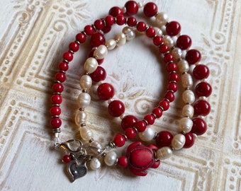 SALE- 1/2 off. Bracelet Trio- Red Coral, Freshwater Pearl, and Sterling Heart Beaded Bracelets