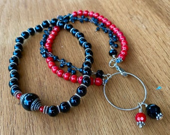 SALE- 1/2 off. Bracelet Trio- Onyx, Red Coral, Tibetan Onyx Bead, and Vintage Rosary Chain Beaded Bracelets