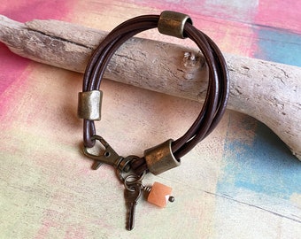 SALE. Brown Leather Bracelet with Key Charm and Carnelian