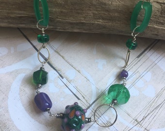 Sterling, Aventurine, African Trade Beads, and Vintage Glass Beaded Necklace