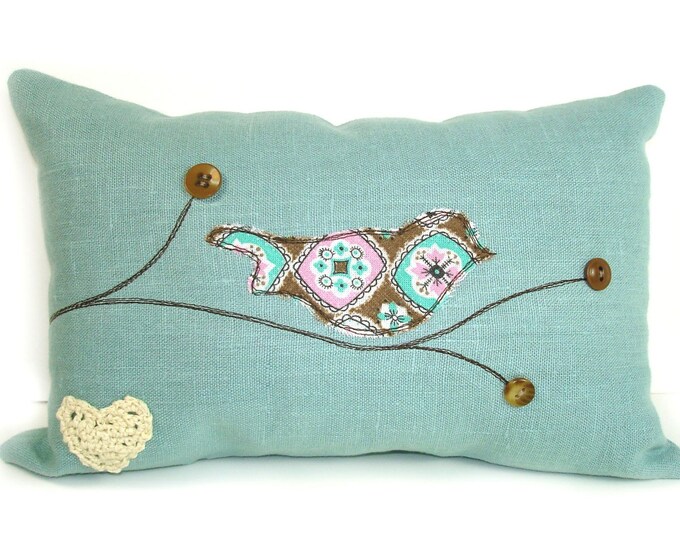 Vintage Fabric Applique Lovebird Pillow With Vintage Buttons Teal Etsy