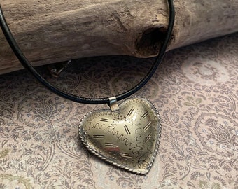 Vintage Handmade Tin Heart Pendant Leather Necklace