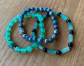 SALE- 1/2 off. Bracelet Trio- Freshwater Pearl with Buddha, Chalcedony, Tibetan Jade, and Onyx Beaded Bracelets
