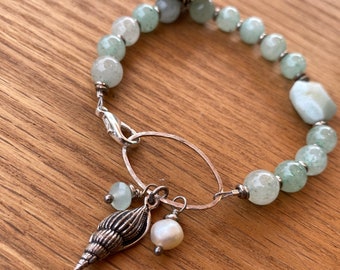 Aventurine, Freshwater Pearl, and Sterling Beaded Bracelet with Vintage Fish Button