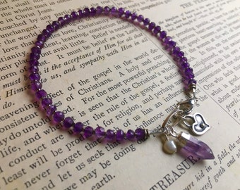 Amethyst and Sterling Beaded Bracelet with Amethyst Crystal and Sterling Heart Charm