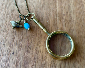 Brass Magnifying Glass Necklace with Turquoise “Robin’s Egg” and Brass Bird Charm