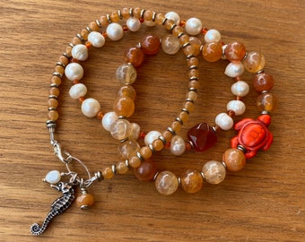 SALE- 1/2 off. Bracelet Trio- Carnelian, Coral, Freshwater Pearl, Carved Howlite Sea Turtle, and Seahorse Beaded Bracelets