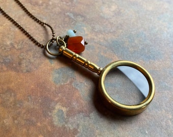 Brass Magnifying Glass Necklace with Carnelian and Amazonite