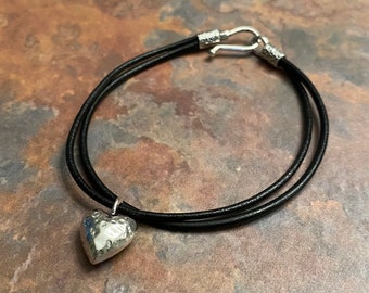 Black Leather Bracelet with Heart Charm