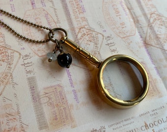 Brass Magnifying Glass Necklace with Onyx and Aquamarine