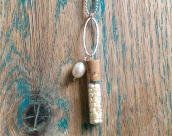 Healing Gemstone Fresh Water Pearl Necklace in Antique Watchmaker’s Vial