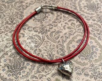 Red Leather Bracelet with Heart Charm