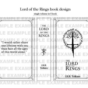 Op de afbeelding: Een zwart-wit boekomslagontwerp voor "De Heer der Ringen" met een citaat uit het boek: "Ik zou liever één leven met jou delen dan alle tijden van deze wereld alleen te doorstaan."