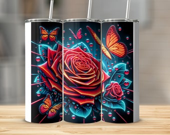 Neon Floral Tumbler, Red Rose and Butterflies, Insulated Travel Mug, Unique Coffee Cup, Gift for Nature Lover, Vibrant Drinkware