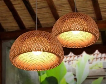 Boho Bamboo Pendant Light - Handwoven Rattan Chandelier for Dining Room