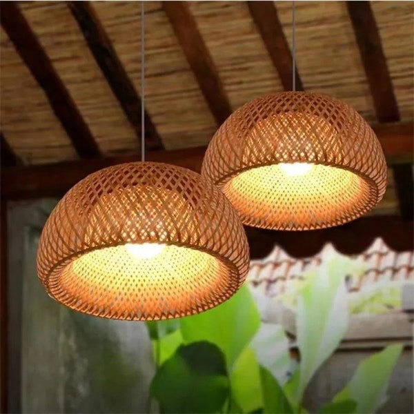 Boho Bamboo Pendant Light - Handwoven Rattan Chandelier for Dining Room