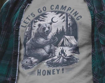 Camiseta divertida de oso para acampar, camiseta "Vamos a acampar, miel", camiseta de bosque con fogata en la tienda, regalo para exteriores para él o ella, camiseta rústica de cabaña natural