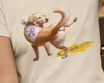Golden Retriever Cancer Shirt, Funny Dog Peeing on Cancer Tee, Purple Ribbon Pet Gift, Anti Cancer Awareness Shirt, Bold Dog Tee