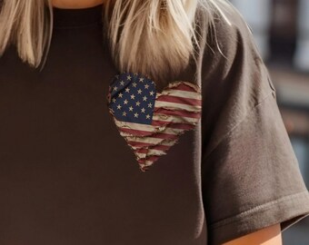 American Flag T-shirt, Vintage Flag Graphic, Labor Day Top, Veteran Gift, Heart Shirt, Stars And Stripes Tee, Women's Patriotic Shirt, USA T