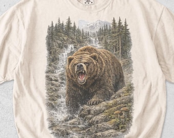 Comfort Colors® Vintage Grizzly Bear T-Shirt, Roaring Brown Bear Nature Graphic Tee, Wildlife Mountain Shirt, Rustic Forest Outdoor Gift