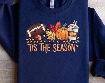 Tis The Season-herfstshirt, pompoen voetbal koffie herfstsweatshirt, gezellige herfsttrui, Thanksgiving ronde hals