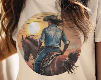 Cowboy Sunset T-Shirt, Western Horse Rider Tee, Rustic Country Gift Shirt, Retro Rodeo Vibes, Classic Cowboy Art Graphic Tee, Ranchers Shirt