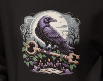 Mystic Crow and Key Halloween Sweatshirt, Gothic Raven Shirt, Graveyard Shirt, Dark Art Apparel, Mystical Raven T-Shirt, Gothic Apparel