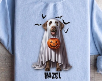 Ghost Dog Sweatshirt, Custom Chocolate Lab Halloween Shirt, Trick or Treat Tee, Dog Lover Gift, Fall Pet Mom Top, Personalized Option