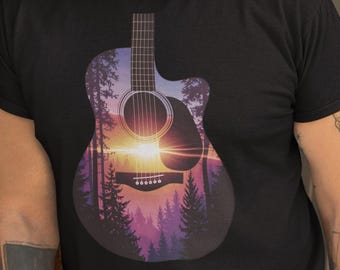 Sunset Guitar Forest Shirt, Acoustic Guitar Silhouette T-Shirt, Nature Music Lover Tee, Tree Line Double Exposure Graphic, Country Folk Gift
