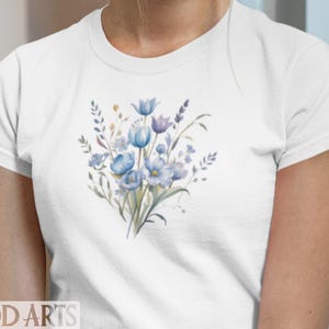 Blue Floral Bouquet Shirt, Watercolor Wildflower T-Shirt, Soft Botanical Garden Tee, Gift for Gardeners, Nature Lovers Tee