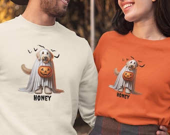 Sudadera con perro fantasma, camiseta personalizada de Goldendoodle para Halloween, regalo para mamá perruna (truco o trato), camiseta espeluznante con doodle, disfraz de otoño para amantes de los perros