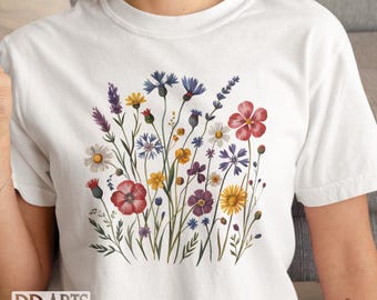 Bohemian Wildflower T-Shirt, Colorful Floral Garden Tee for Women, Cottagecore Nature Shirt, Flower Field Botanical Shirt