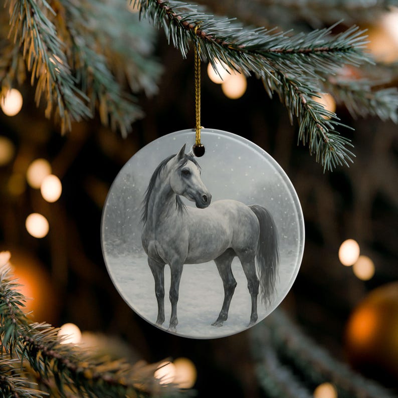 Arabian Horse Ceramic Ornament, Winter Gray Arabian Decor, Horse Lover Gift, Elegant Equestrian Christmas Ornament, Breed Art Keepsake image 1