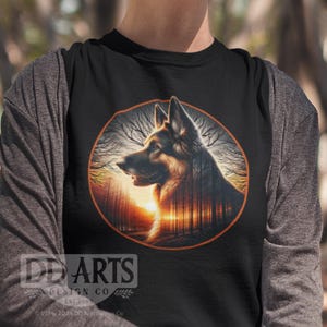 German Shepherd Forest Shirt, Sunset Dog Tee, Nature Dog Shirt, Hiking Pet Owner Gift, Woodland Magic German Shepherd Shirt