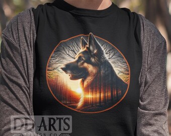 German Shepherd Forest Shirt, Sunset Dog Tee, Nature Dog Shirt, Hiking Pet Owner Gift, Woodland Magic German Shepherd Shirt