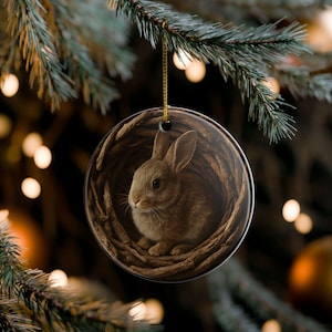 Adorno de cerámica: Conejito del bosque, decoración navideña rústica inspirada en la naturaleza, adorno festivo, adorno acogedor para el árbol de Navidad, regalo para amantes de la naturaleza