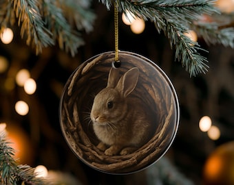 Ceramic Ornament Woodland Bunny, Rustic Nature Christmas Decor, Holiday Ornament, Cozy Cabin Tree Ornament, Gift for Nature Lovers