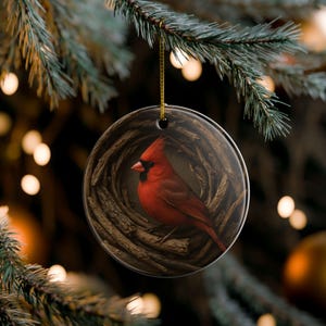 Woodland Cardinal Ceramic Ornament, Red Bird Keepsake, Rustic Nature Christmas Decor, Winter Tree Gift, Memorial Cardinal Ornament
