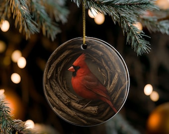 Woodland Cardinal Ceramic Ornament, Red Bird Keepsake, Rustic Nature Christmas Decor, Winter Tree Gift, Memorial Cardinal Ornament